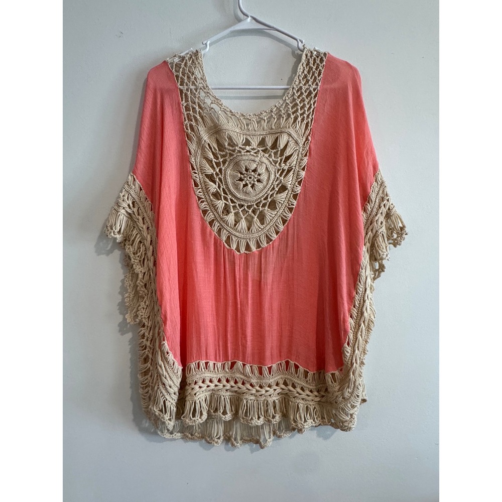 KORI America Crochet Macrame Poncho Top Women XL Coral Pink Boho Fringe